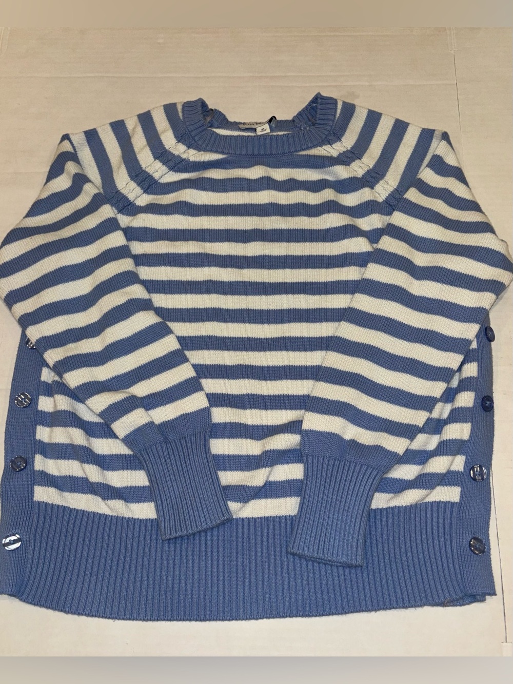 Kim Rogers Blue and White Striped Crewneck Sweater with Side Buttons
